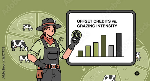 Farmer presenting offset credits vs grazing intensity data on a screen.