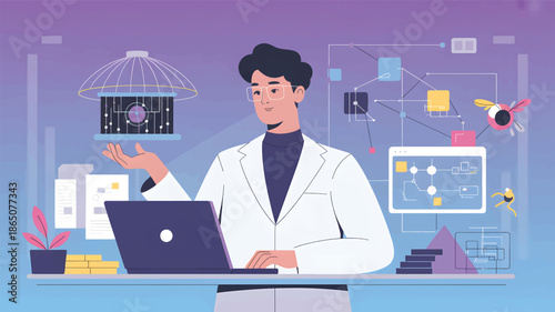 Scientist in a lab coat with a laptop and abstract network diagrams, desk research