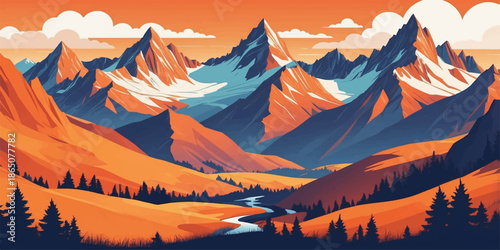 Sunrise and sunset over snowy mountain landscape with clouds, forests, and winter peaks