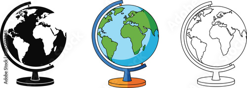 Set of three world globe icons in silhouette colorful flat design and line art styles for geography education and global travel