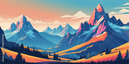 Bilde på lerret Alpine landscape panorama featuring a snowy mountain peak and lush green forest