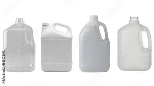Four plastic gallon containers, three white and one transparent, each with a handle, against a black background