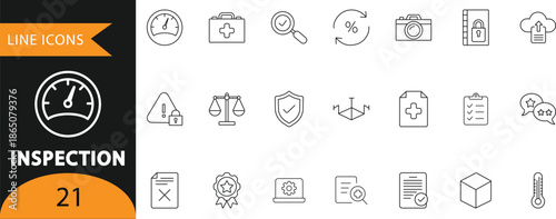 A professional vector set of 21 inspection line icons featuring quality control, safety checks, auditing, verification, and compliance symbols. Ideal for audit reports, quality management presentation