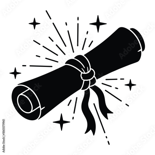 Black silhouette of rolled paper scroll with magic sparkle vector illustration