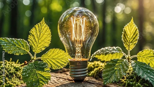 Illuminated Light Bulb Surrounded by Green Leaves and Moss in a Forest Setting.