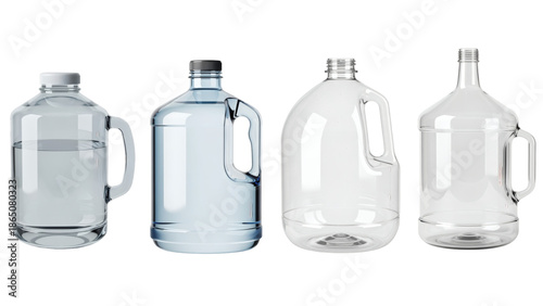 Four transparent water jugs with integrated handles, varying in shape and containing clear or slightly blue liquid, isolated on black