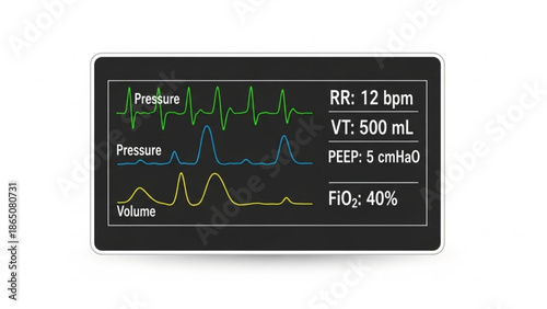 Ventilator monitor displaying pressure Page volume graphs and respiratory rate statistics in a clinical environment from a front viewpoint