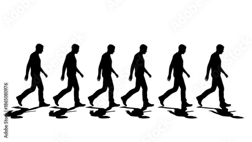 Silhouettes of people walking in a line representing movement and conformity isolated on a white background for conceptual use