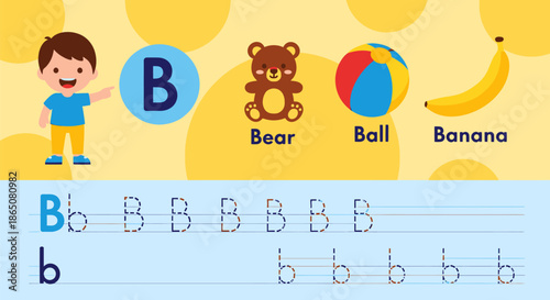 Educational illustration featuring the letter B with associated objects and handwriting practice.