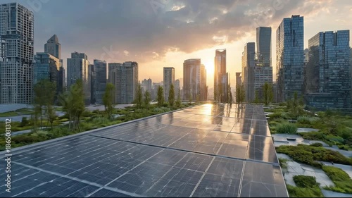 Solar panels on green roof with modern city skyline at sunset