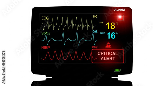 Medical Monitor Page Displaying Critical Alert with ECG Readings and Vital Signs