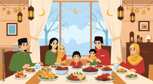 Family Gathering for Festive Meal Illustration.
