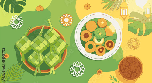 Festive Eid AlFitr Feast Ketupat and Traditional Sweets.