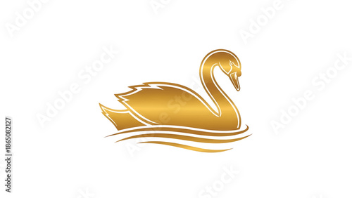 Golden-hued swan floats on gentle waves, with elegant posture. The design employs fine lines and a textured finish, set against a white background