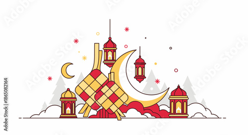 Eid Mubarak Celebration with Ketupat Crescent Moon and Lanterns.