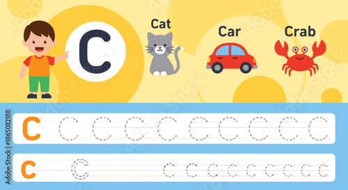 Educational Image Learning the Letter C with Cat Car and Crab.