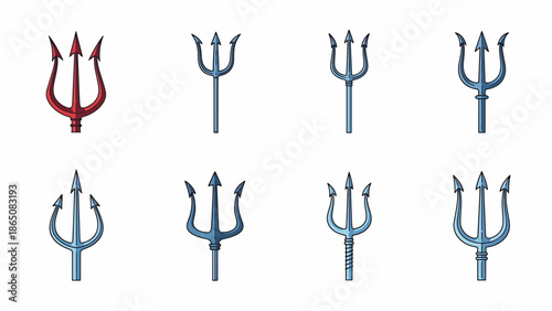 Eight stylized trident illustrations, rendered with line art and color fills. Designs vary in size and detailing, set against a white background