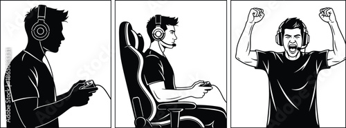Gamer playing video games with headset, esports player celebrating victory, gaming setup concept, competitive online gaming, streaming entertainment, joystick controller illustration