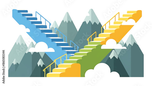 Colorful illustration depicts interconnected staircases winding upwards, set against mountainous landscape with stylized clouds. The staircases are various hues