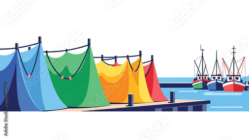 Colorful illustrated scene depicting fishing nets hanging on a pier next to boats in a harbor, with a simple style