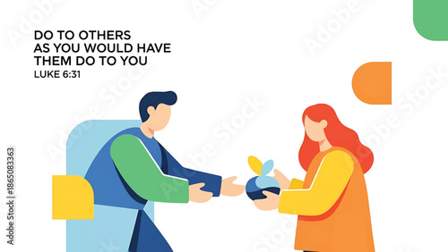 An illustration depicts a person giving something to another person, conveying a message of kindness and reciprocity. Colors are simple