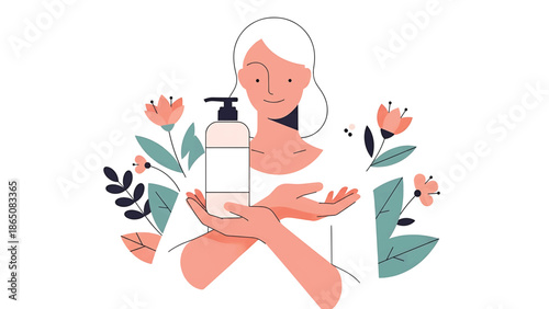 An illustration depicts a person holding a product bottle, encircled by floral elements. The aesthetic emphasizes a soft color palette