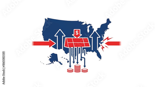 Graphic illustrating economic concepts. It has a map of the United States with arrows, a dollar sign, and stacks of coins
