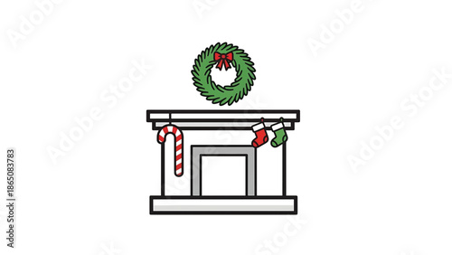 Festive fireplace illustration featuring a green wreath with a red bow, a candy cane, and hanging Christmas stockings. A minimalist holiday scene