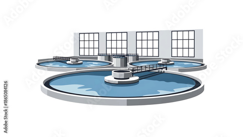 Cartoon illustration of a water treatment plant with circular tanks and a building with multiple windows