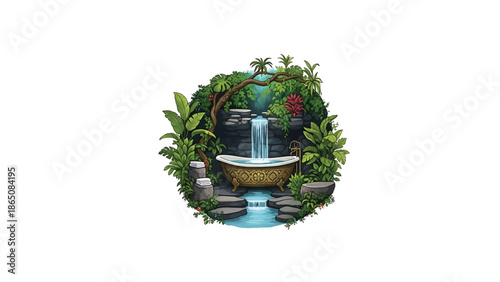 Cartoon illustration of gold ornate bathtub beneath a waterfall in a jungle with rocks, towels, and tropical foliage