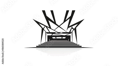 Black and white abstract geometric illustration featuring a set of stairs leading to an architectural structure with a jagged outline