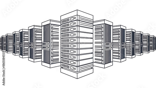 Black and white illustration of computer servers arranged in a data center perspective, depicting digital storage