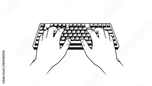 Black and white illustration of hands typing on a computer keyboard. It depicts a top-down view with focus on the hands and keyboard