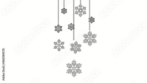 Black and white graphic featuring stylized snowflake shapes, suspended from above. These vary in size and create a decorative design