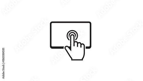 Black and white illustration depicting a hand touching a tablet screen. The image suggests interactivity and technology use. A finger is pressing a button on the device