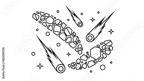 Black and white illustration of meteors and rock structures in outer space, with stars and scattered circles