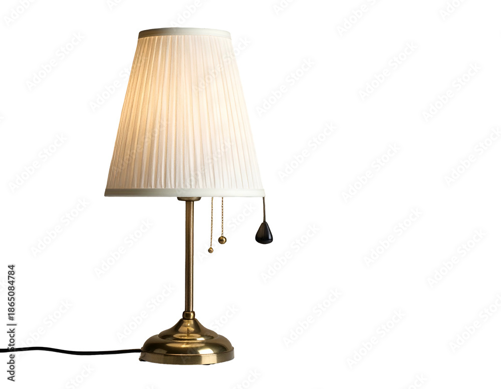 Obraz premium White pleated lampshade on a brass base, with pull chain