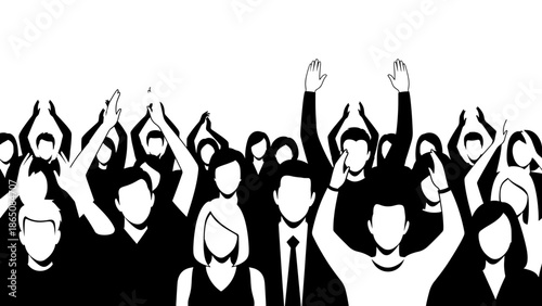 Black and white illustration depicts a diverse group of people with arms raised in unison, stylized with minimalist silhouettes