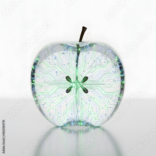 Futuristic Glass Apple with Internal Glowing Circuit Board and Digital Technology Concept