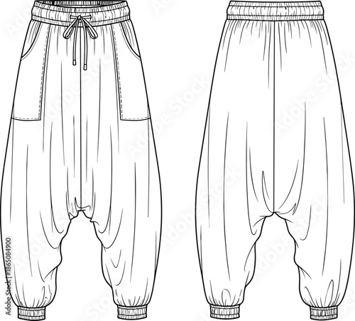 Men harem pants technical fashion flat sketch front back view relaxed apparel design template, cad drawing flat vector illustration
