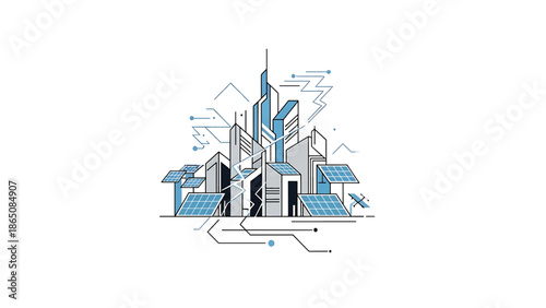 An illustrative depiction of a city skyline, featuring a cluster of modern buildings with solar panels and a network of electrical pathways