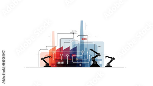 An industrial scene depicting a factory with robotic arms, interconnected systems, and a color gradient of red and blue hues. The image suggests automation