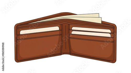 An illustration depicts an open, brown leather wallet from a top-down perspective, with visible money and card slots, on a white background