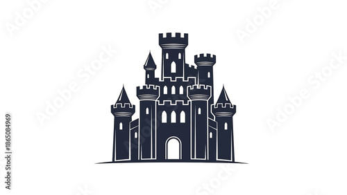 An illustration presents a regal fortress, featuring multiple towers, arched doorways, and symmetrical arrangement on a white background