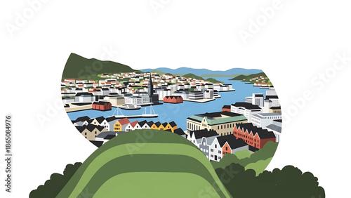 An illustration presents a seaside town with colorful buildings clustered around a harbor, framed within a semi-circular shape. Green hills frame the bottom