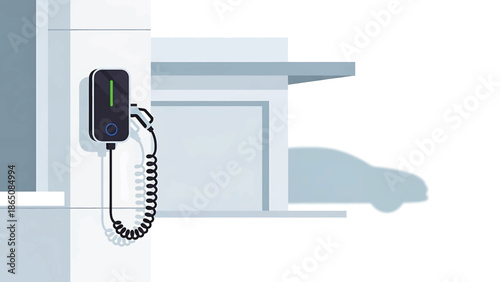 An illustration depicts an EV charger installed on a building wall. A coiled cable extends to a plug. A car shadow is cast