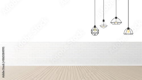 An interior composition featuring white brick wall, wooden floor, and four pendant light fixtures with minimalist designs. The ceiling is white