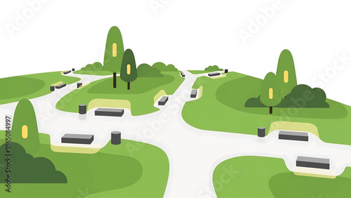 An illustration depicts an elevated green park with winding paths and benches. Trees with stylized forms add elements of height. The design has a flat, graphic style