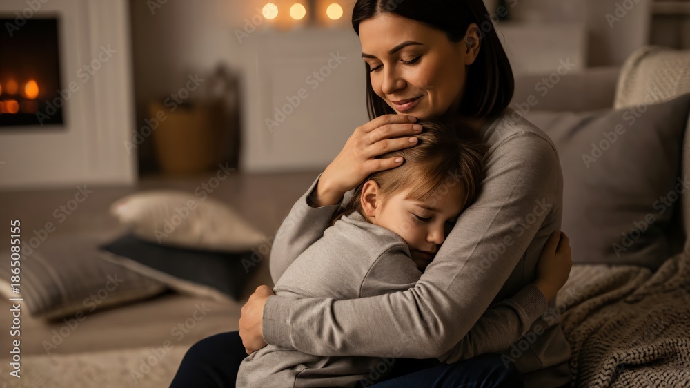 Fototapeta premium Mother Embracing Young Child in Cozy Living Room Setting During Evening Relaxation