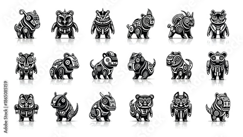 Stylized black and white animal figures arranged in neat rows showcasing unique designs